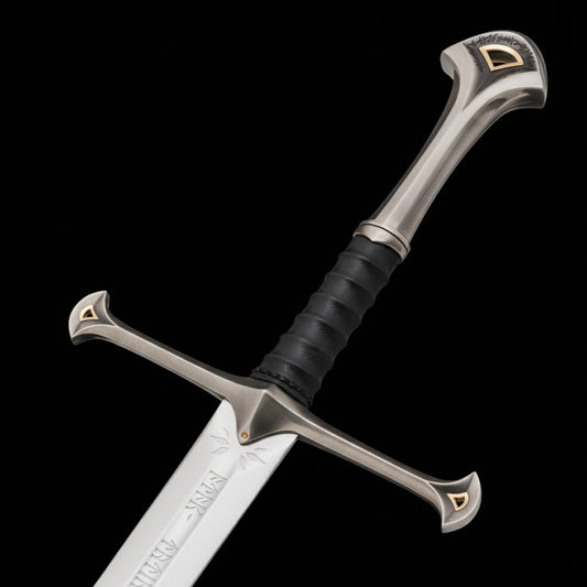 Detailed close-up of stainless steel Narsil Sword hilt and crossguard