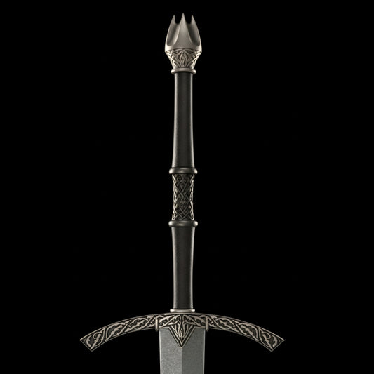 Authentic Lord of the Rings Witch King Sword featuring stainless steel blade and leather-wrapped wooden scabbard.