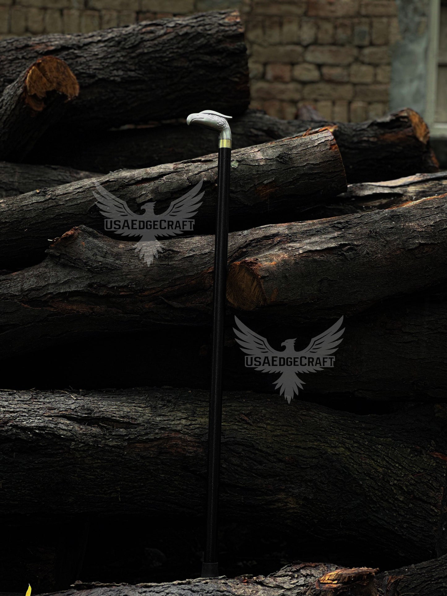 Close-up of silver eagle handle on custom hand-forged cane sword, designed for collectors and gentlemen.