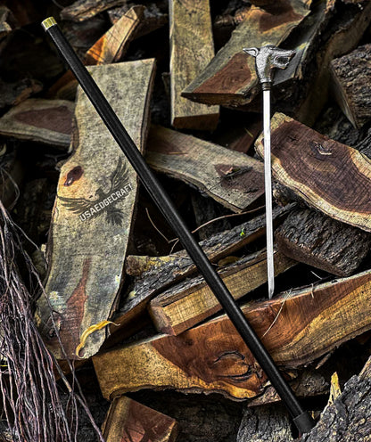 Close-up of detailed antique silver fox handle and forged steel blade