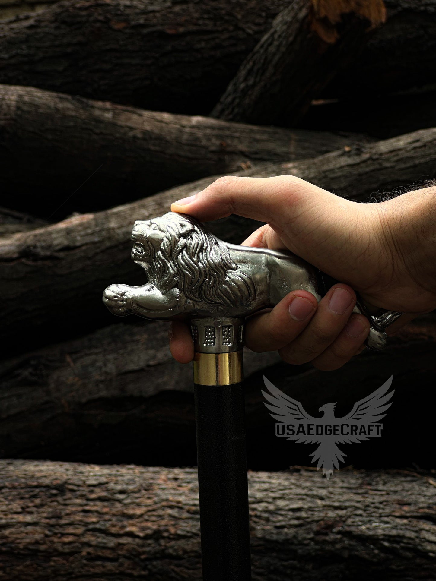 Antique silver lion handle walking cane with concealed blade