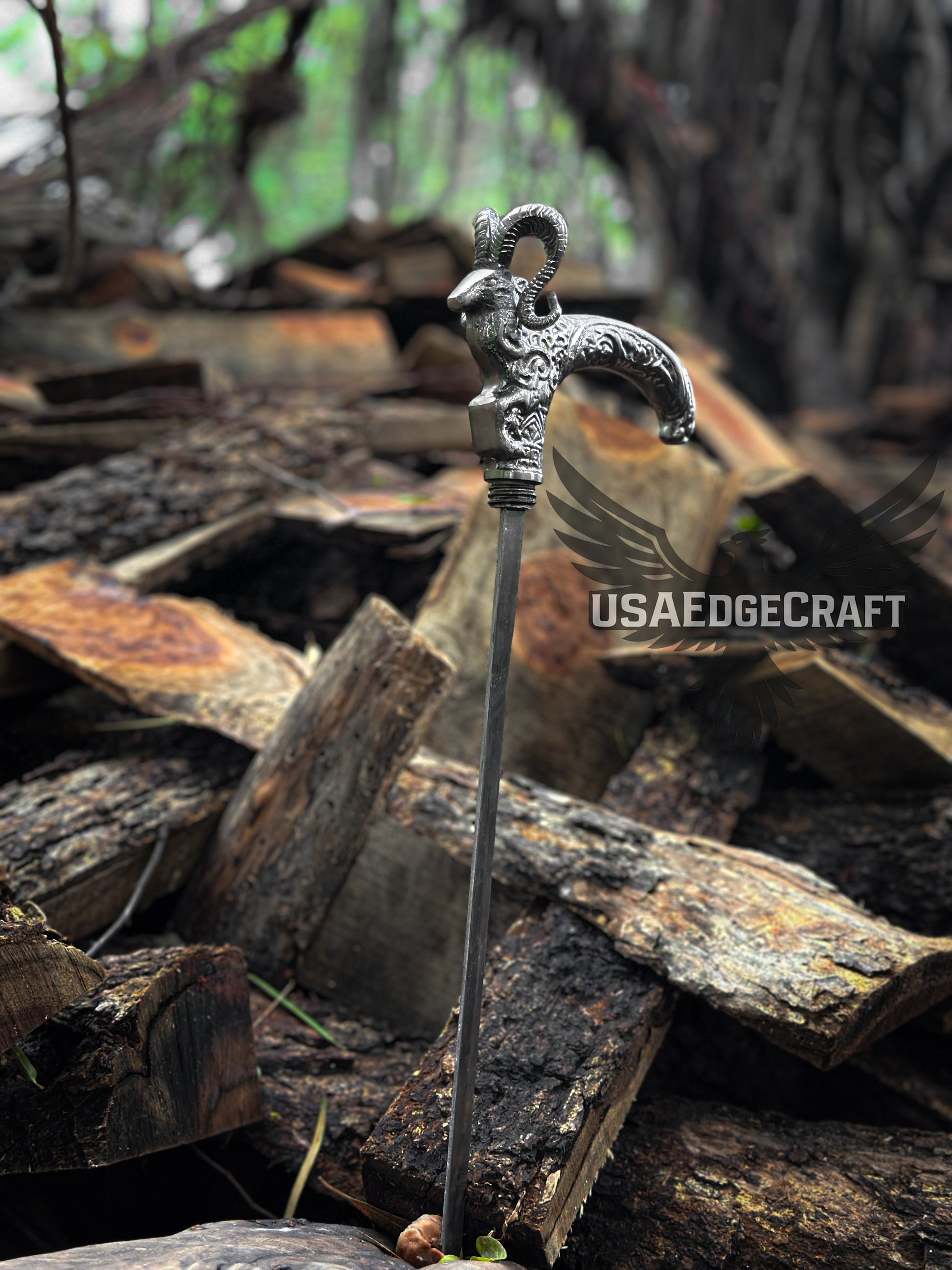 Antique silver finished Markhor head handle on premium functional sword cane