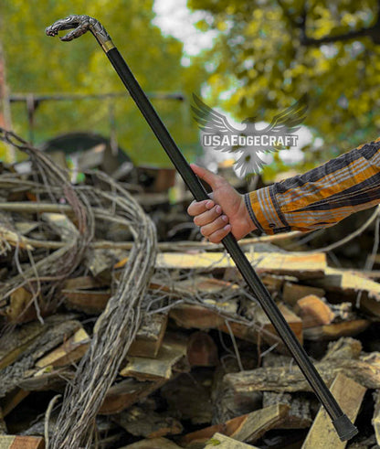 Collectible cane sword with antique silver dragon knob and durable high-carbon steel construction.