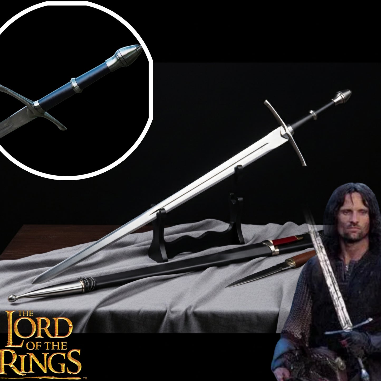Detailed view of Aragorn’s Narsil Sword replica from The Lord of the Rings