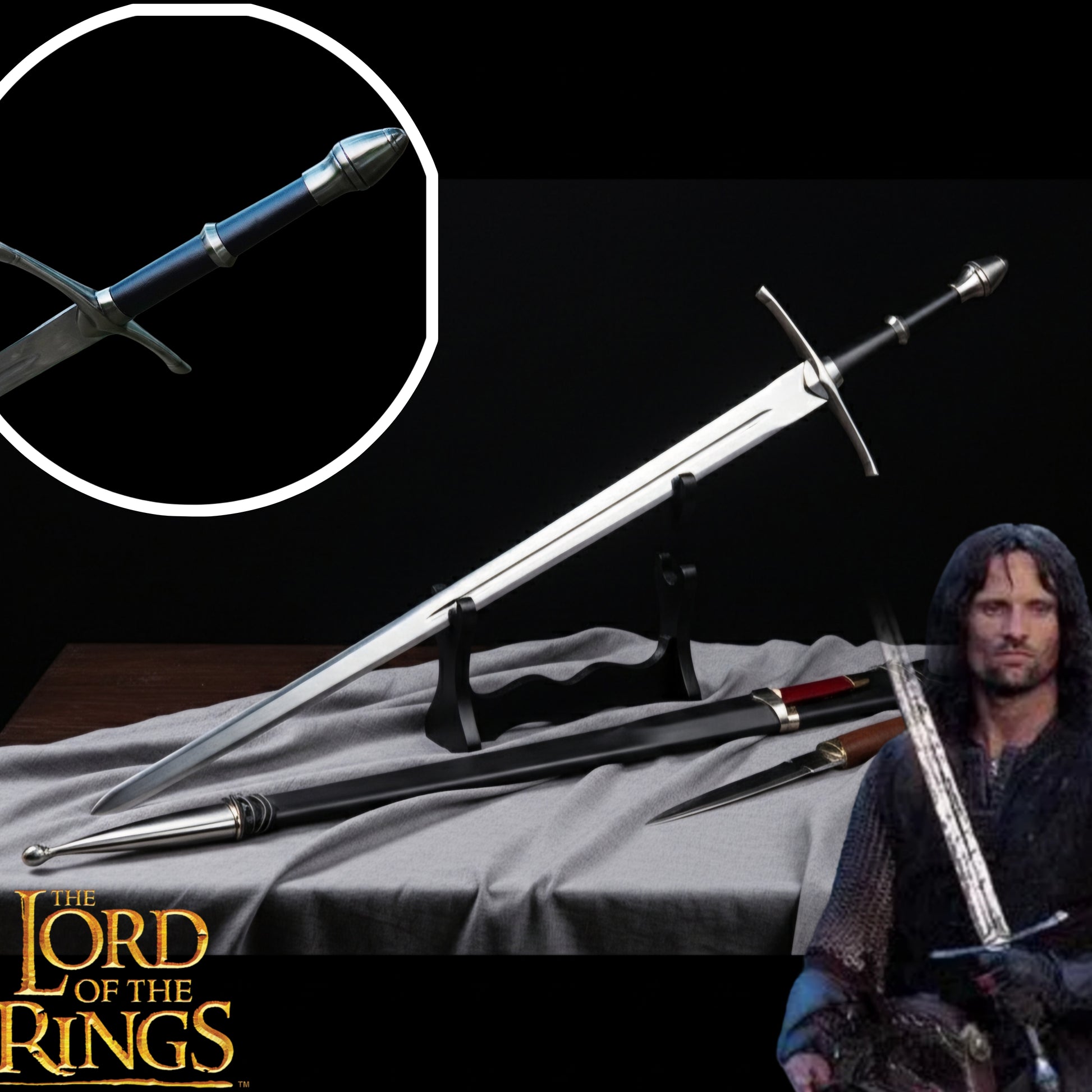 Detailed view of Aragorn’s Narsil Sword replica from The Lord of the Rings