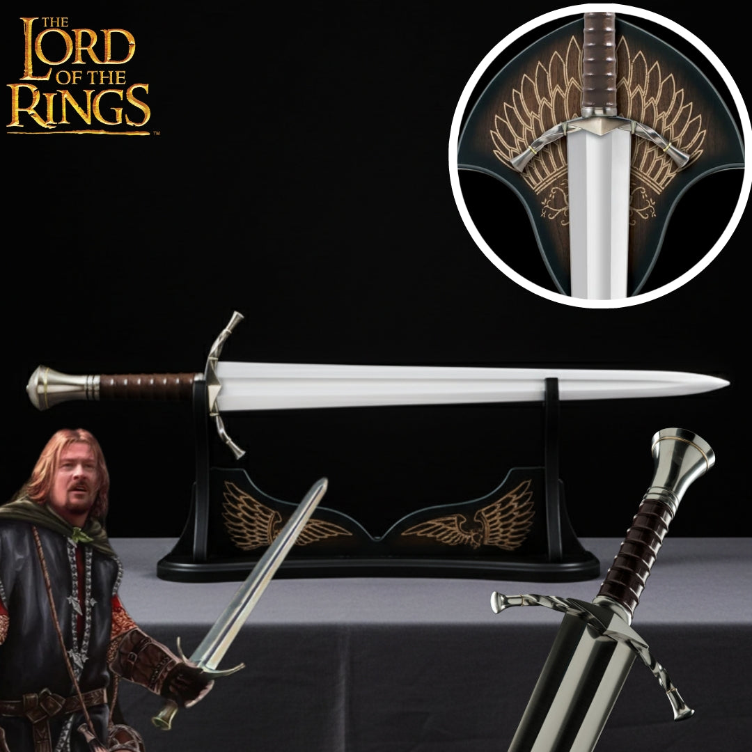 Detailed close-up of Boromir Sword Replica from Lord of the Rings with leather scabbard