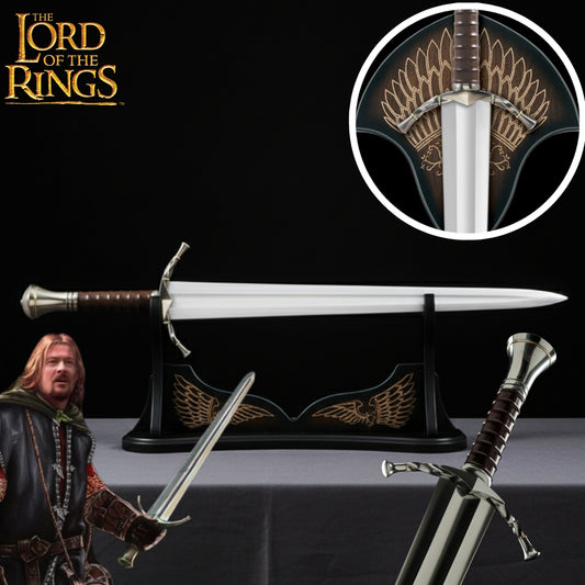Detailed close-up of Boromir Sword Replica from Lord of the Rings with leather scabbard