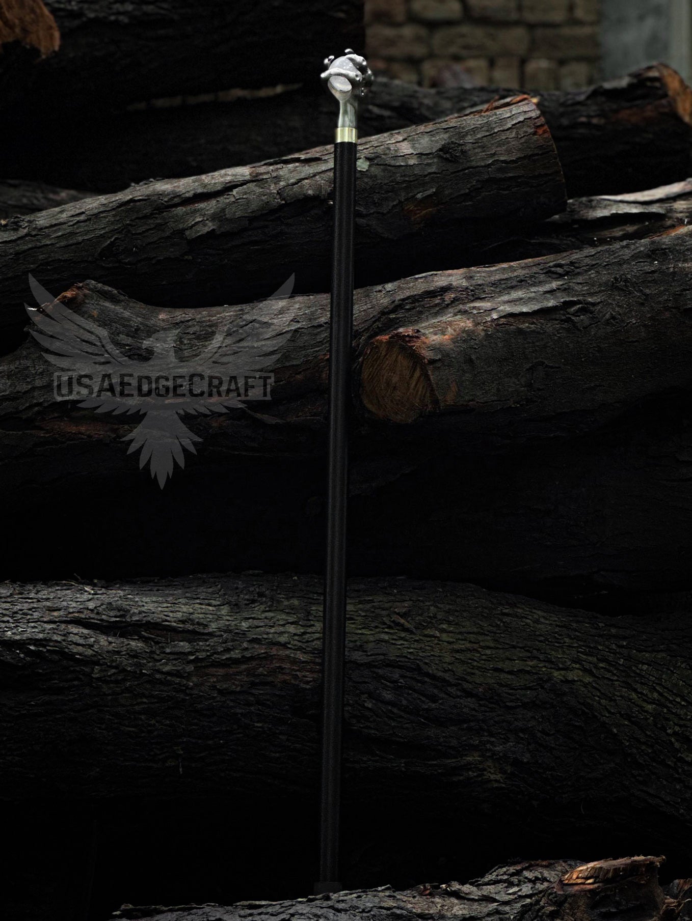 Detailed close-up of antique silver claw handle on handcrafted sword cane with hidden stainless blade and black metal shaft