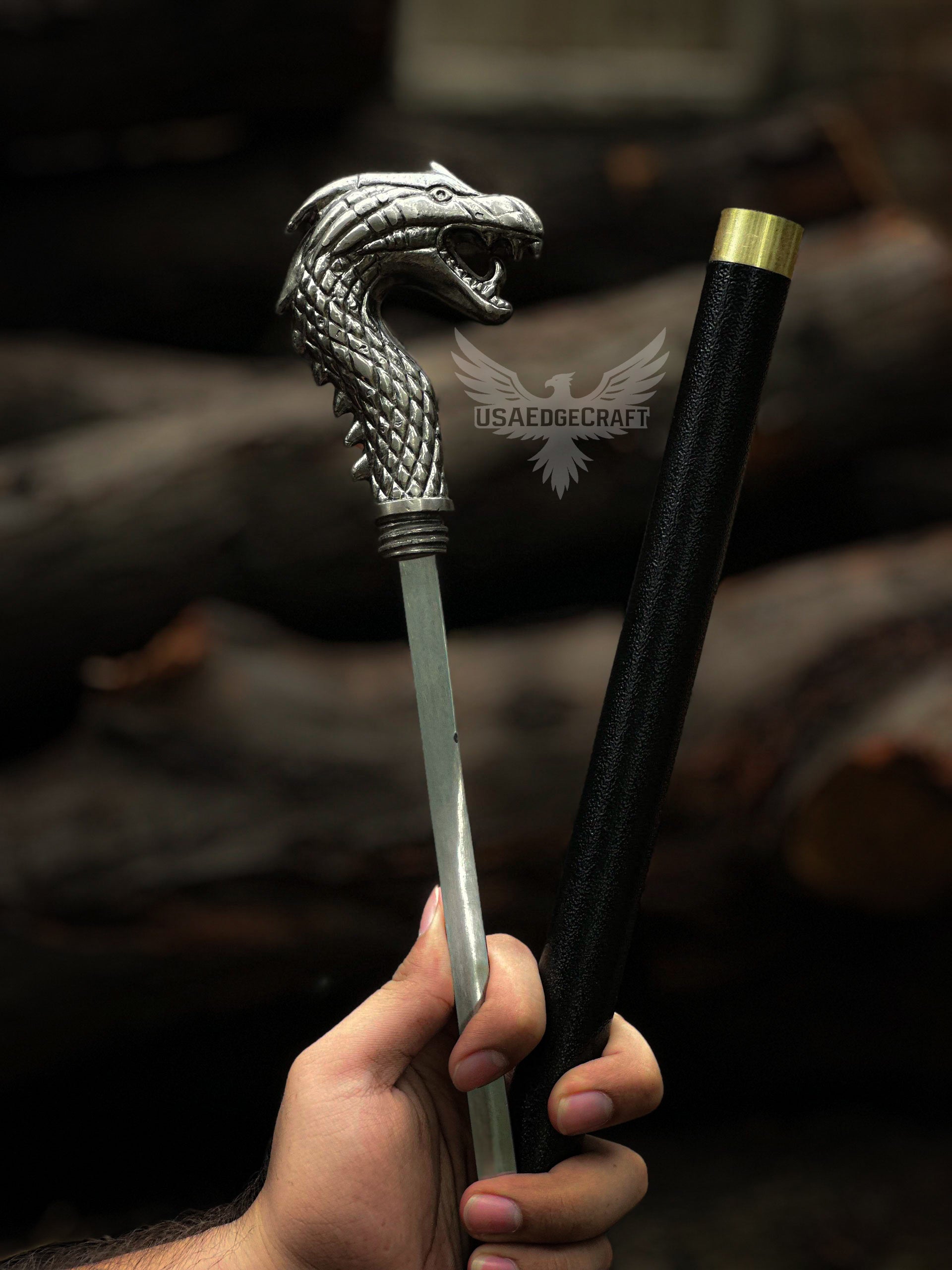 Handmade dragon handle sword stick for self-defense and walking support