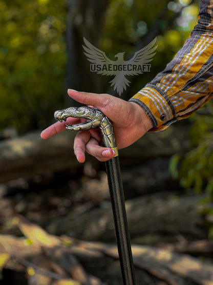 Hand-forged walking stick sword featuring a hidden stainless blade and black metal scabbard.