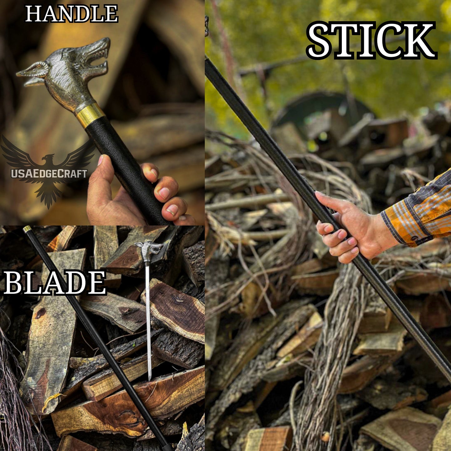 Premium hand-forged sword cane featuring antique silver fox head handle