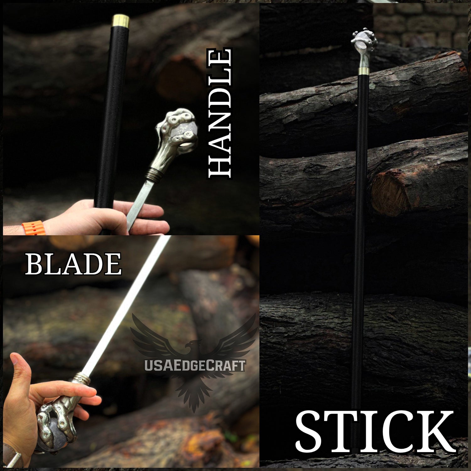 Hand forged claw sword cane with stainless steel blade and antique silver handle