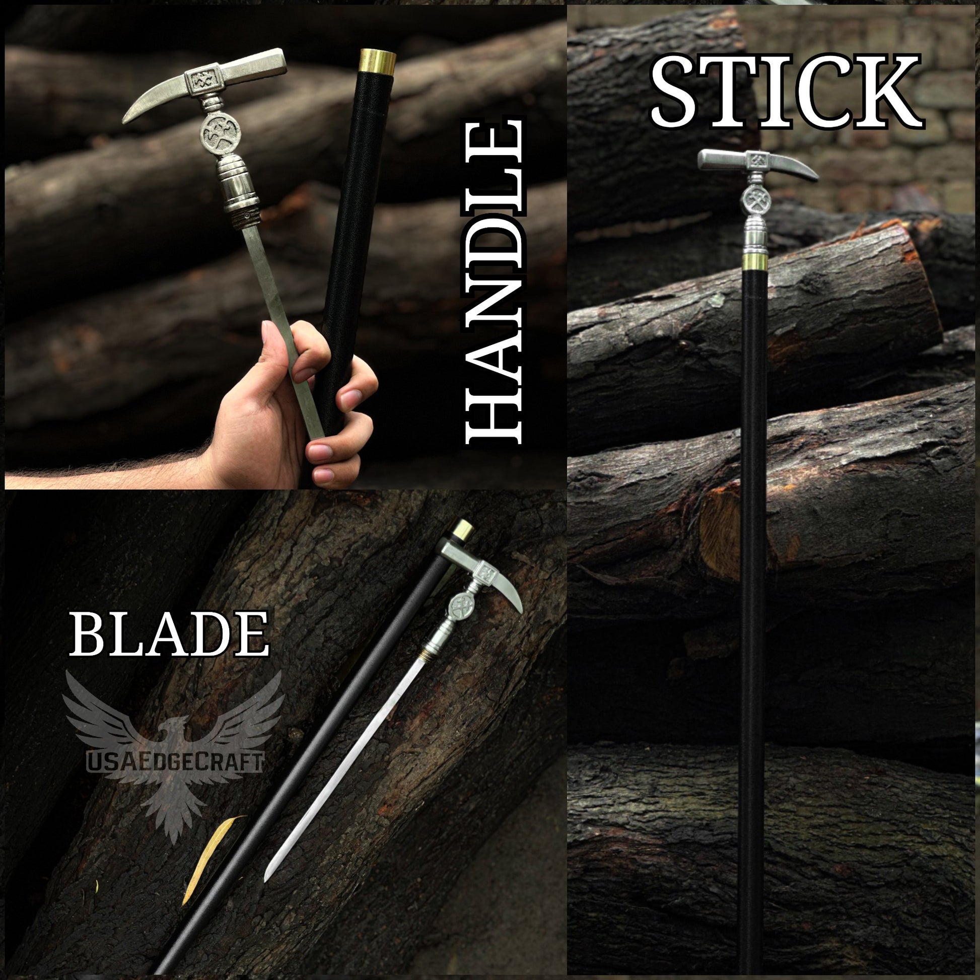 Luxury custom hand-forged hammer head sword cane made of high carbon steel with antique silver handle and black metal shaft.