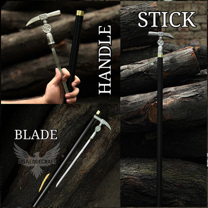 Luxury custom hand-forged hammer head sword cane made of high carbon steel with antique silver handle and black metal shaft.