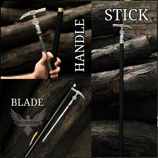 Luxury custom hand-forged hammer head sword cane made of high carbon steel with antique silver handle and black metal shaft.