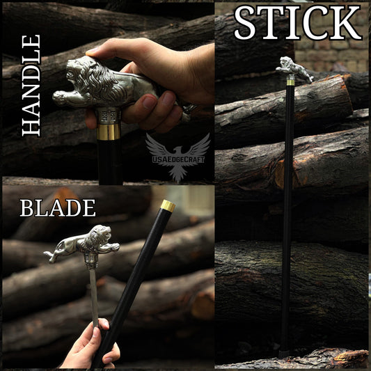Hand-forged lion head sword cane with hidden stainless steel blade