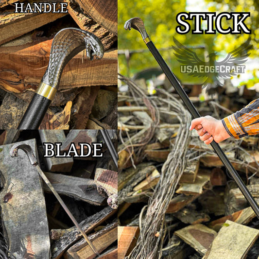 Premium handmade snake face sword cane with stainless steel blade and antique silver handle