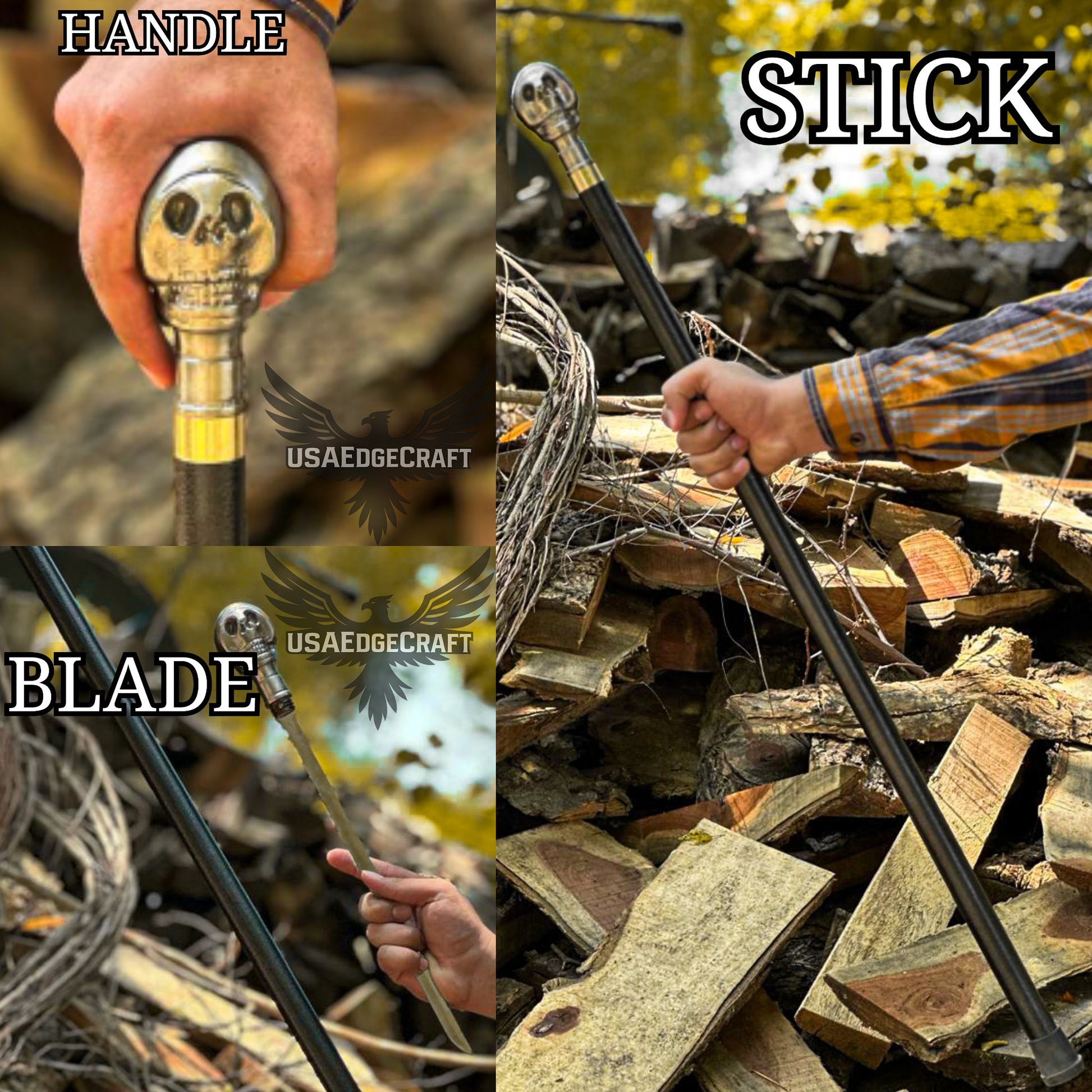 Elegant skull head sword cane with hidden blade and black metal shaft