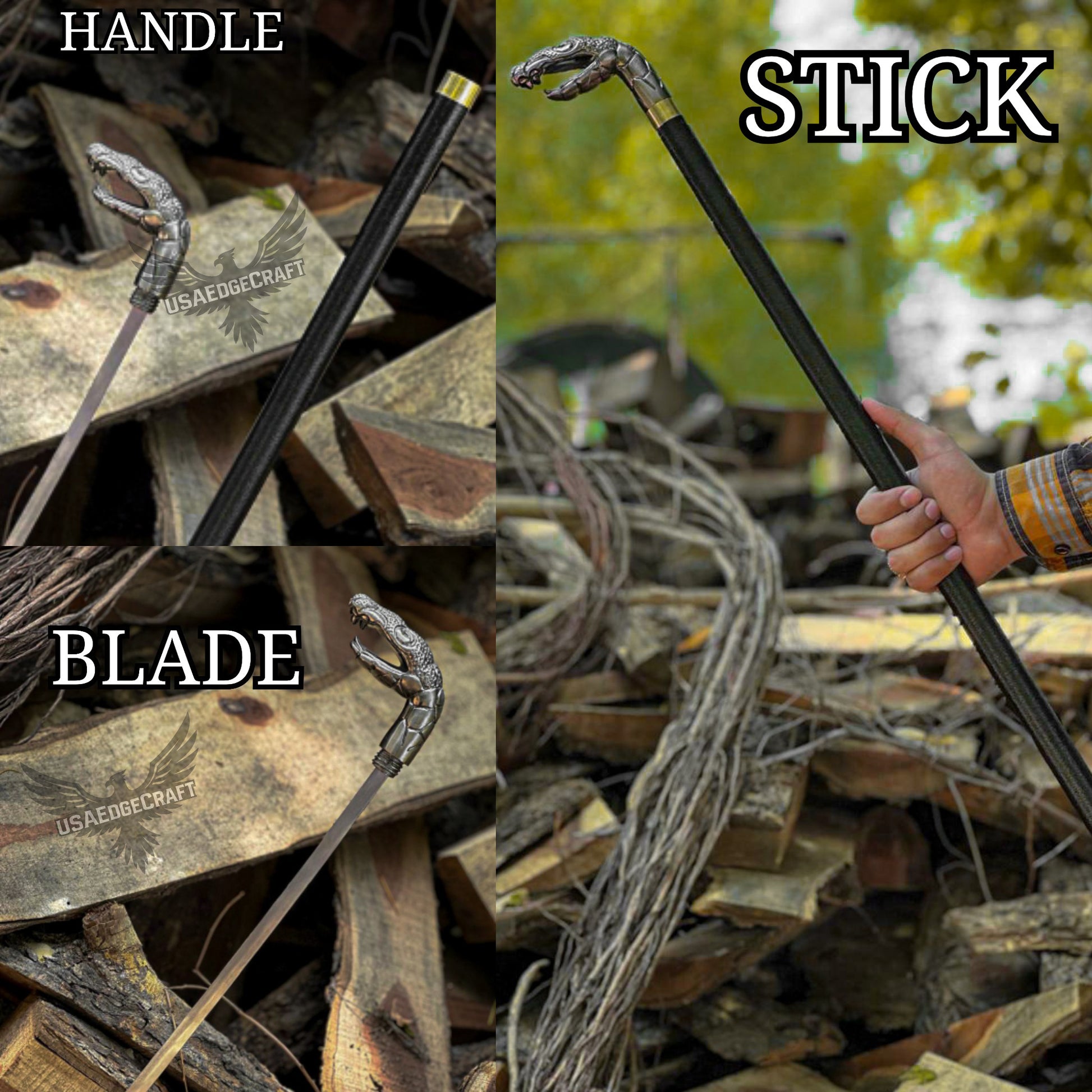 Premium dragon head sword cane with stainless steel hidden blade and antique silver handle.