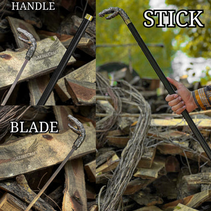 Premium dragon head sword cane with stainless steel hidden blade and antique silver handle.