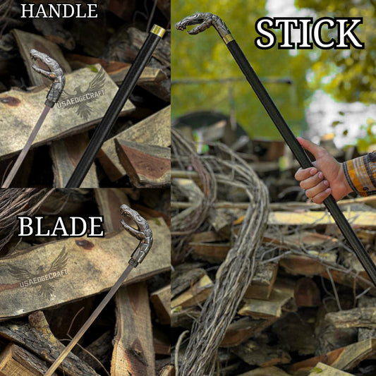 Premium dragon head sword cane with stainless steel hidden blade and antique silver handle.