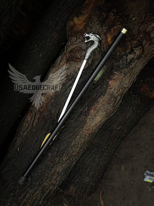 Antique silver dragon handle sword cane, collectible walking stick for men