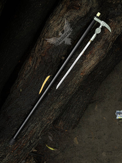 Luxury hammer head cane sword displayed for collectors, showcasing forged steel craftsmanship and premium antique silver finish.