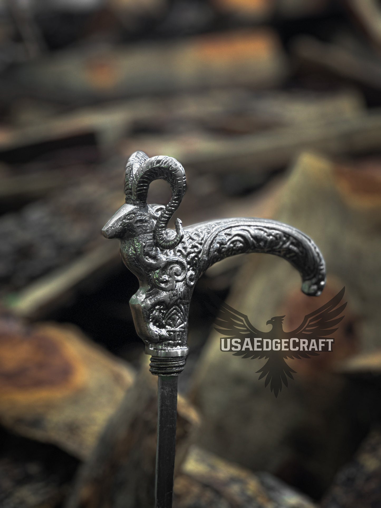 Decorative Markhor head cane sword with black metal shaft and polished silver handle