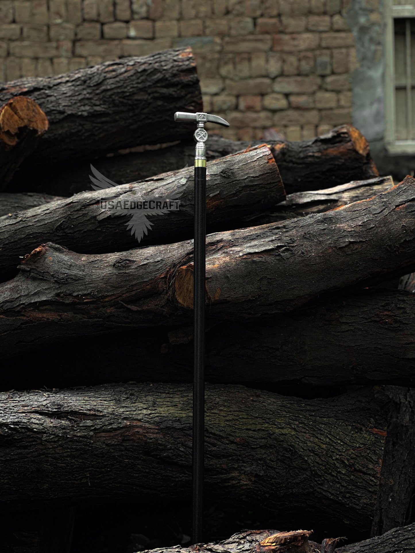 Functional hammer head walking cane sword with stainless steel blade and antique silver cast handle, ideal for collectors and display.