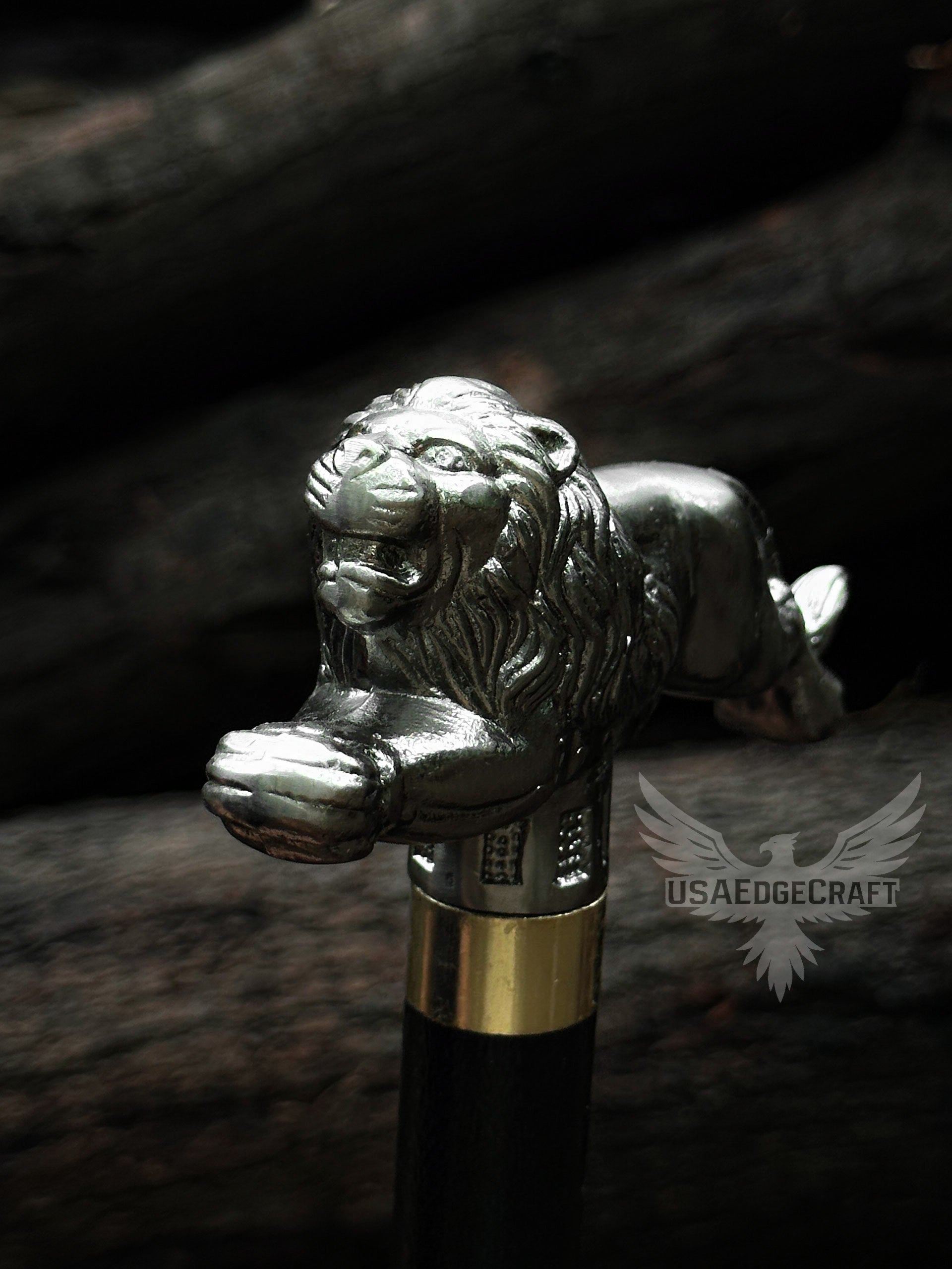 Close-up view of handcrafted lion head cane sword showing detailed antique silver finish and premium craftsmanship