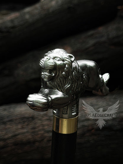 Close-up view of handcrafted lion head cane sword showing detailed antique silver finish and premium craftsmanship