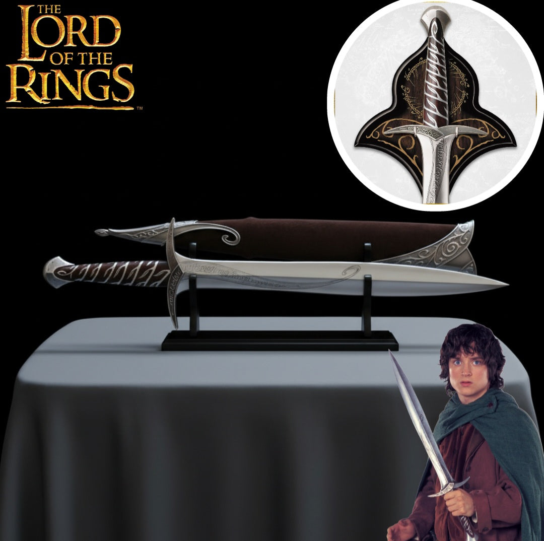 Detailed view of Frodo’s Sting Sword Replica from Lord of the Rings, premium stainless steel blade with leather-wrapped scabbard.