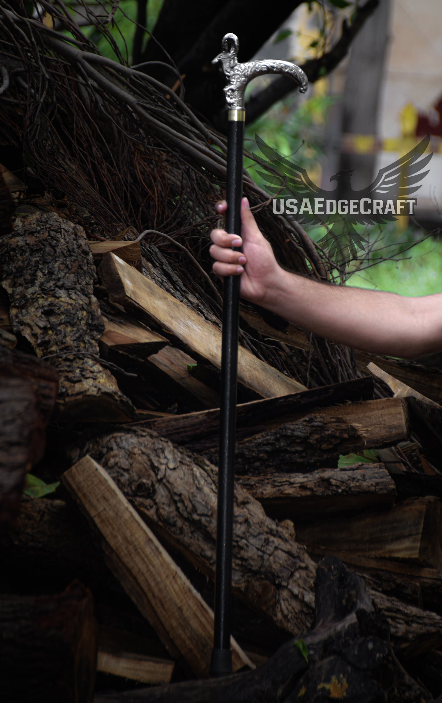 Full-length custom sword cane showing concealed blade and metal scabbard design