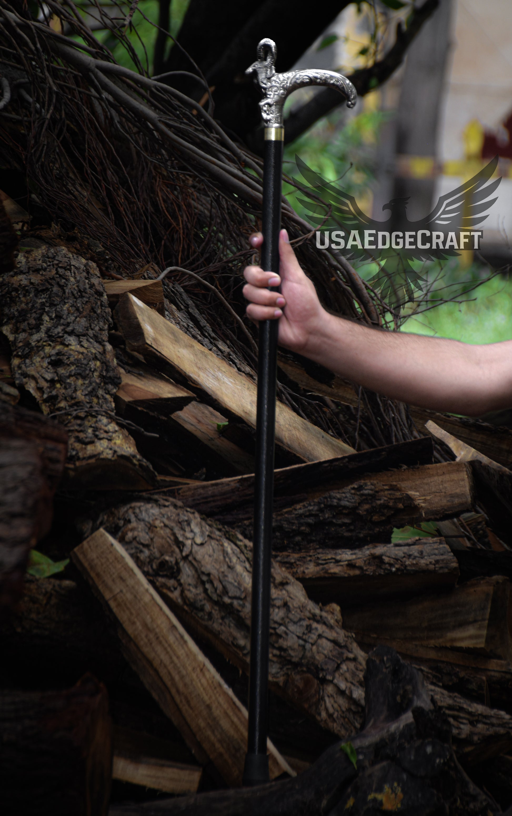 Full-length custom sword cane showing concealed blade and metal scabbard design