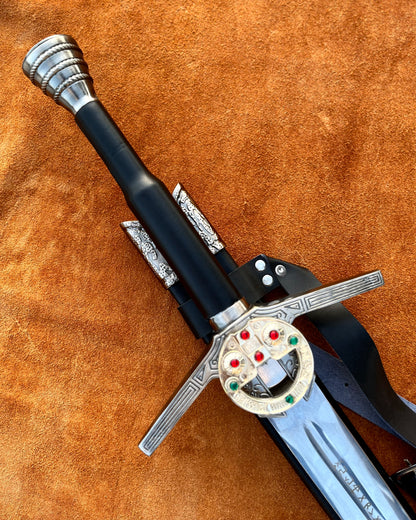 Dual Witcher sword replica set including both steel and silver blades with leather scabbards, designed for collectors