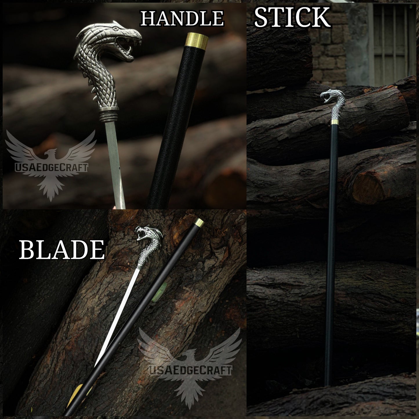 Premium handcrafted dragon head sword cane with hidden stainless steel blade