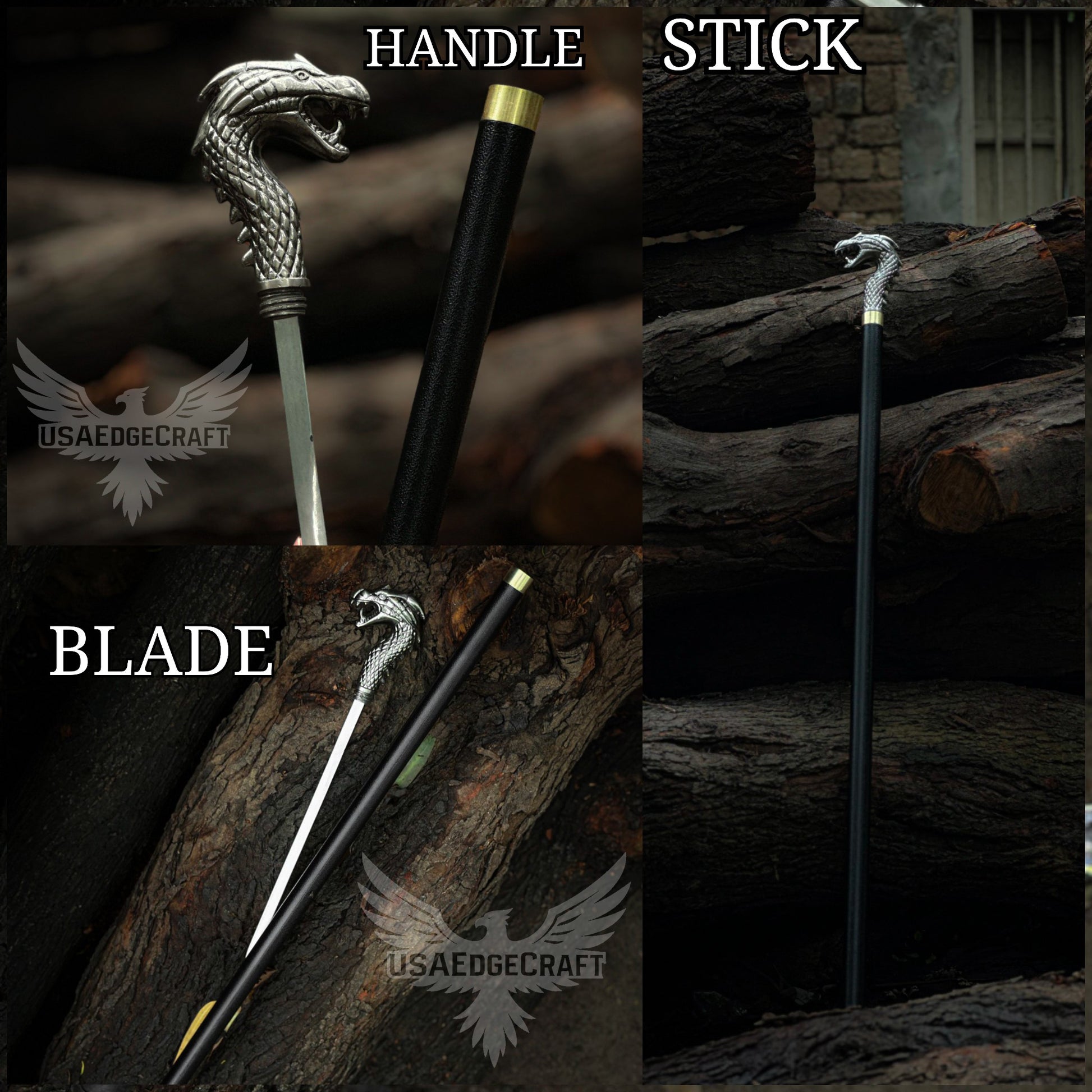Premium handcrafted dragon head sword cane with hidden stainless steel blade