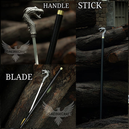 Premium handcrafted dragon head sword cane with hidden stainless steel blade