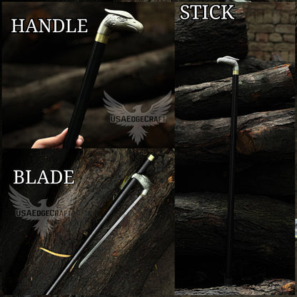 Elegant handcrafted eagle head sword cane with hidden stainless-steel blade, black metal shaft, and antique silver handle.
