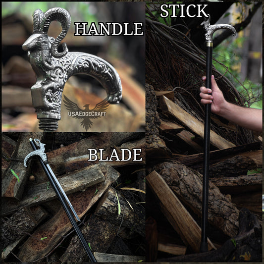 Custom hand-forged sword cane with silver Markhor head and hidden stainless steel blade
