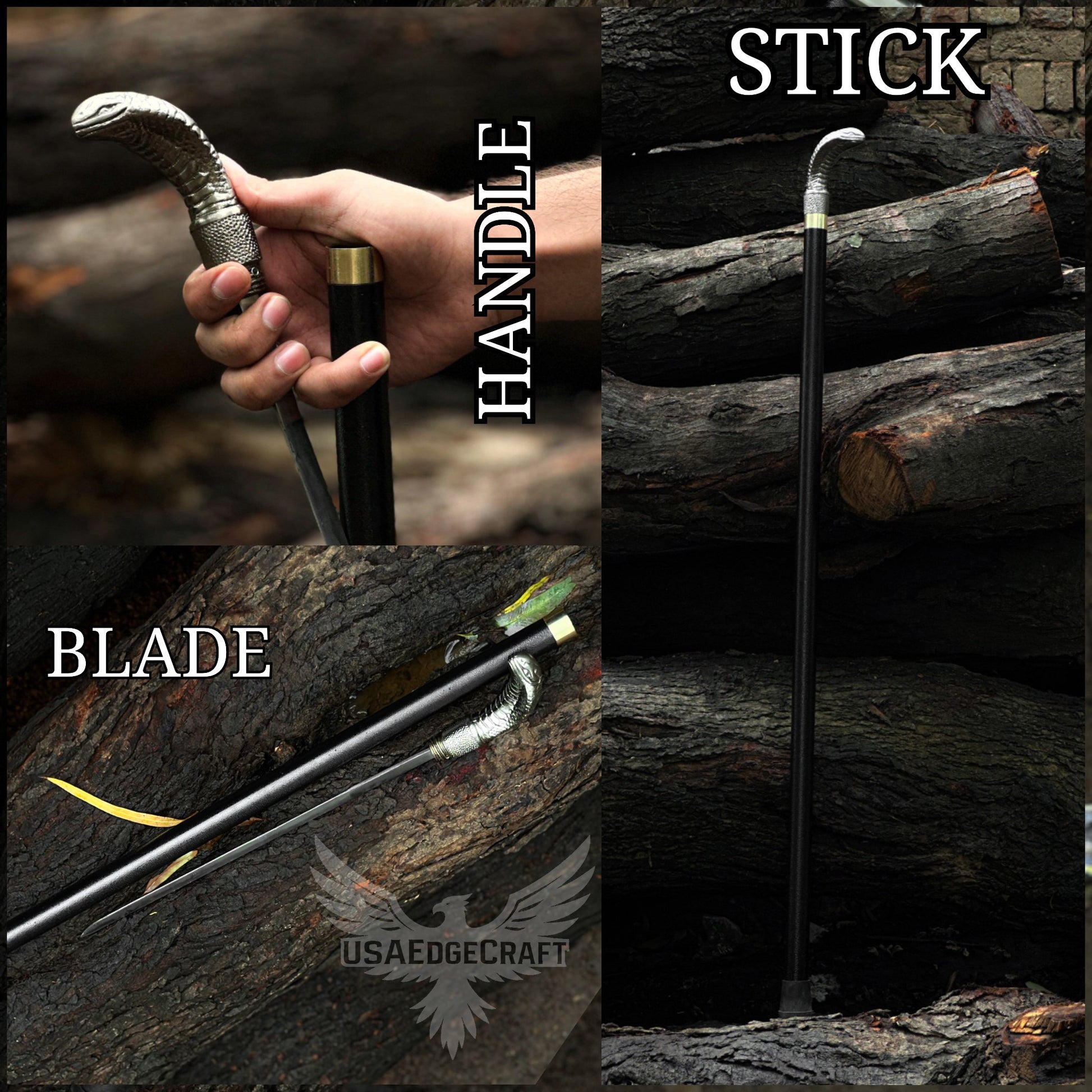 Close-up of hand-forged snake face sword cane with hidden stainless blade