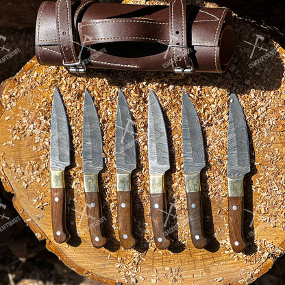 BBQ Steak Knives Set 6 pcs,Outdoor Steaks Knives, Damascus Steel Handmade Steak Knives, Chef Knife Set, Table Knives, Personalized Gift