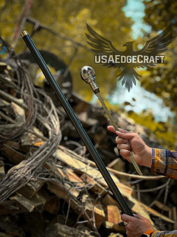 Skull face cane sword with black scabbard and detailed craftsmanship