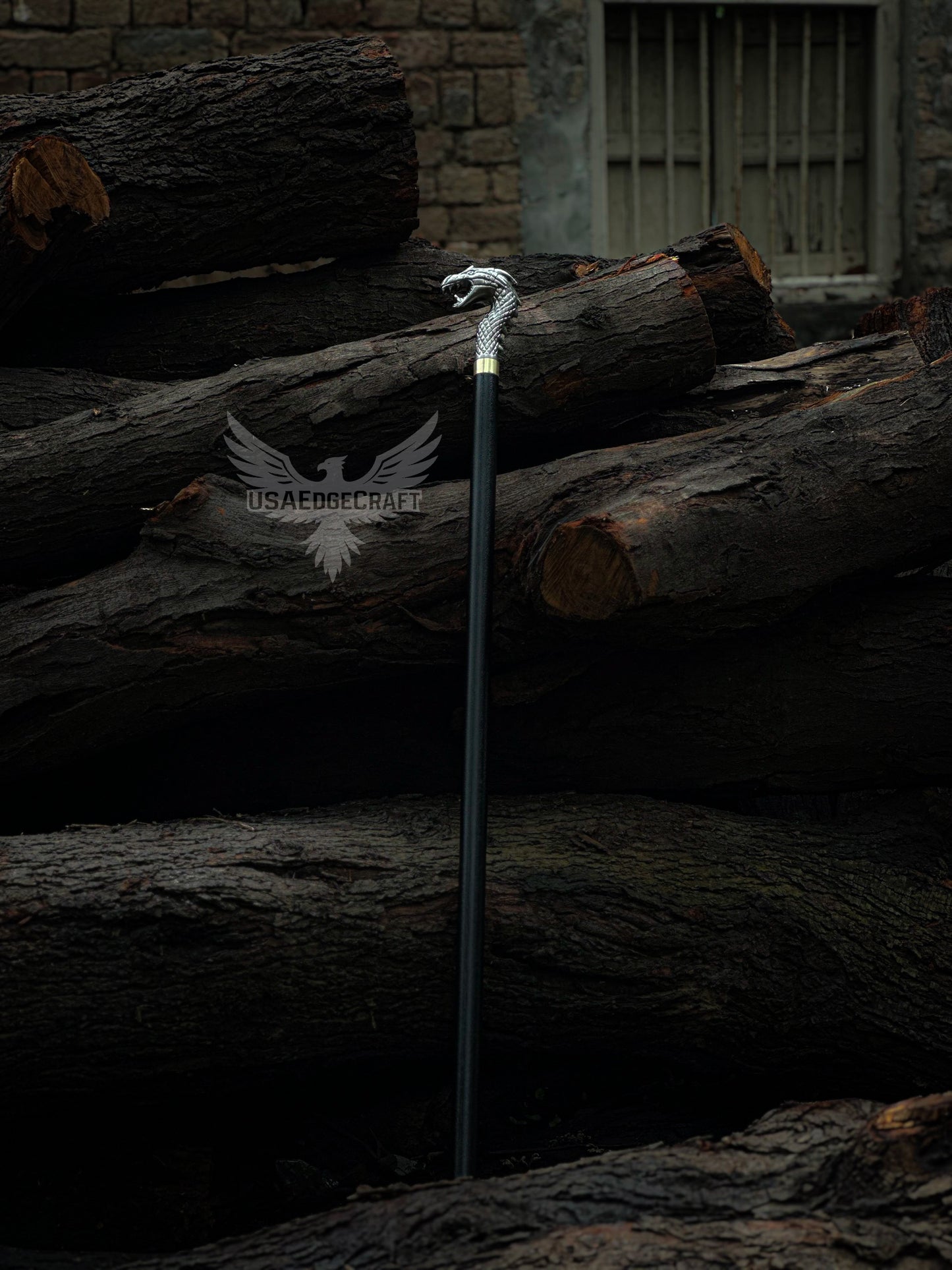 Collectible dragon head cane sword with black metal scabbard, UK and USA edition