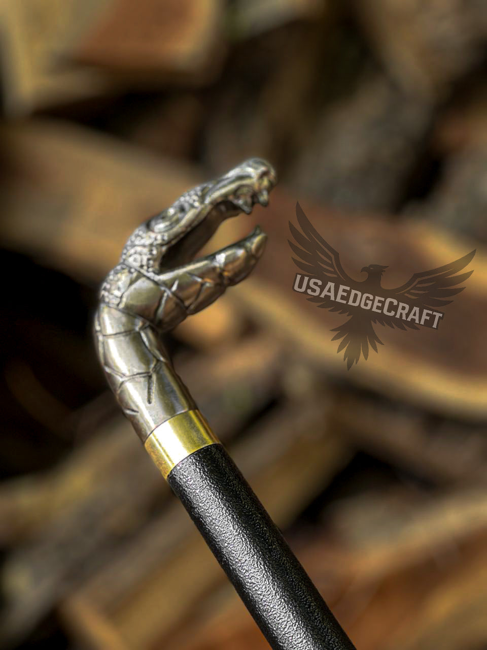 Functional walking cane with concealed stainless steel blade and detailed dragon head design.