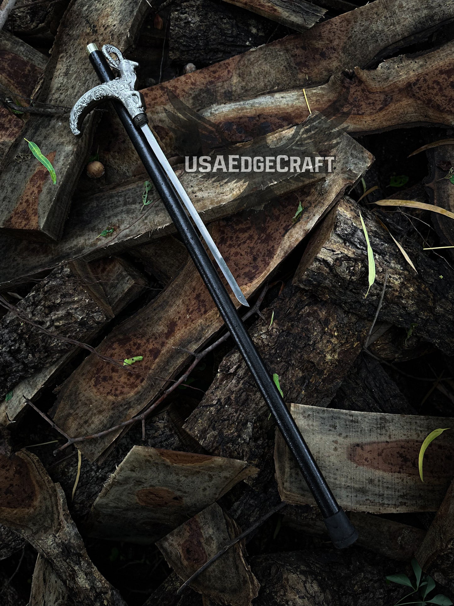 Close-up of stainless steel blade inside black metal walking cane