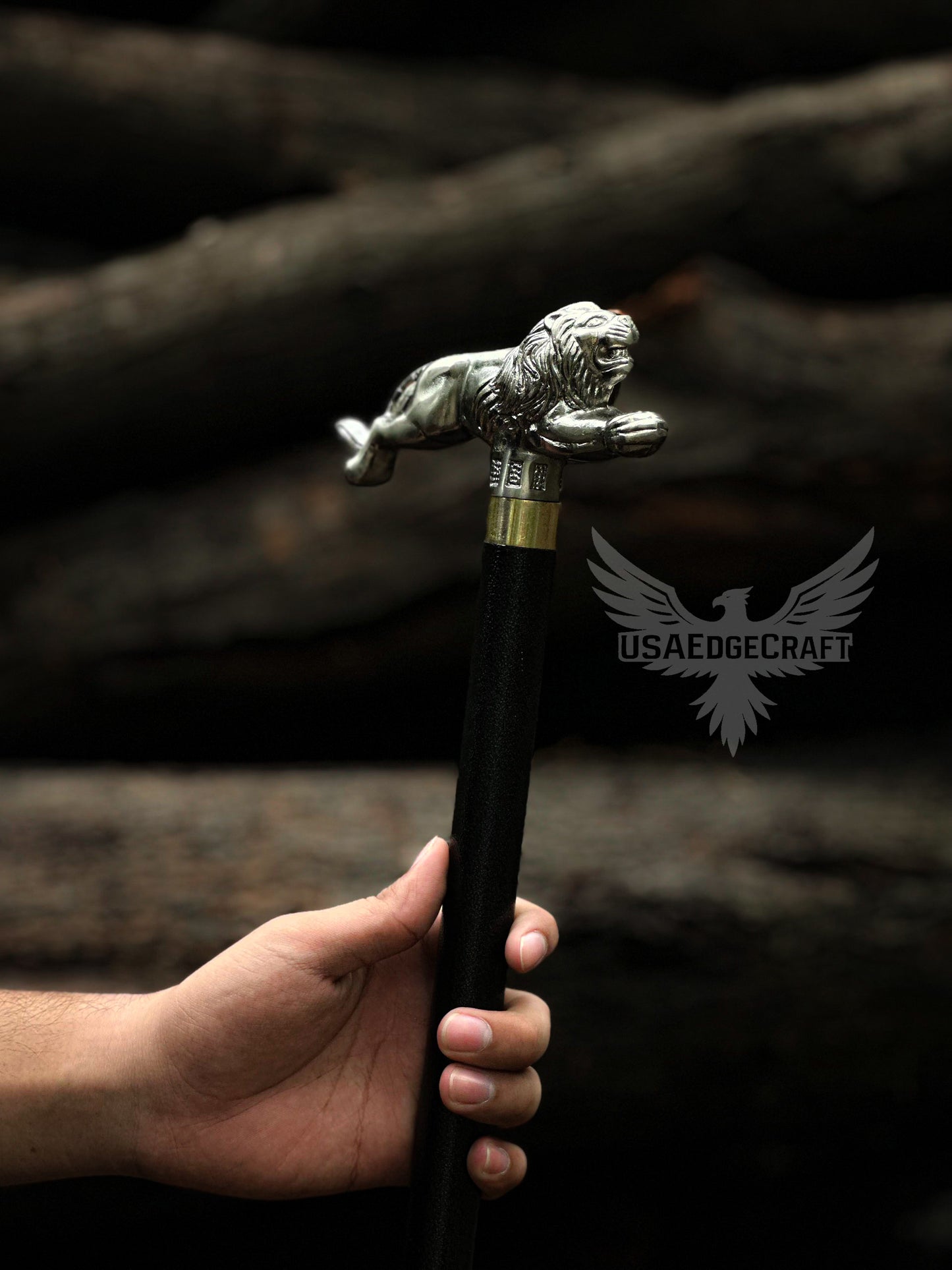 High carbon steel cane sword with detailed lion head handle