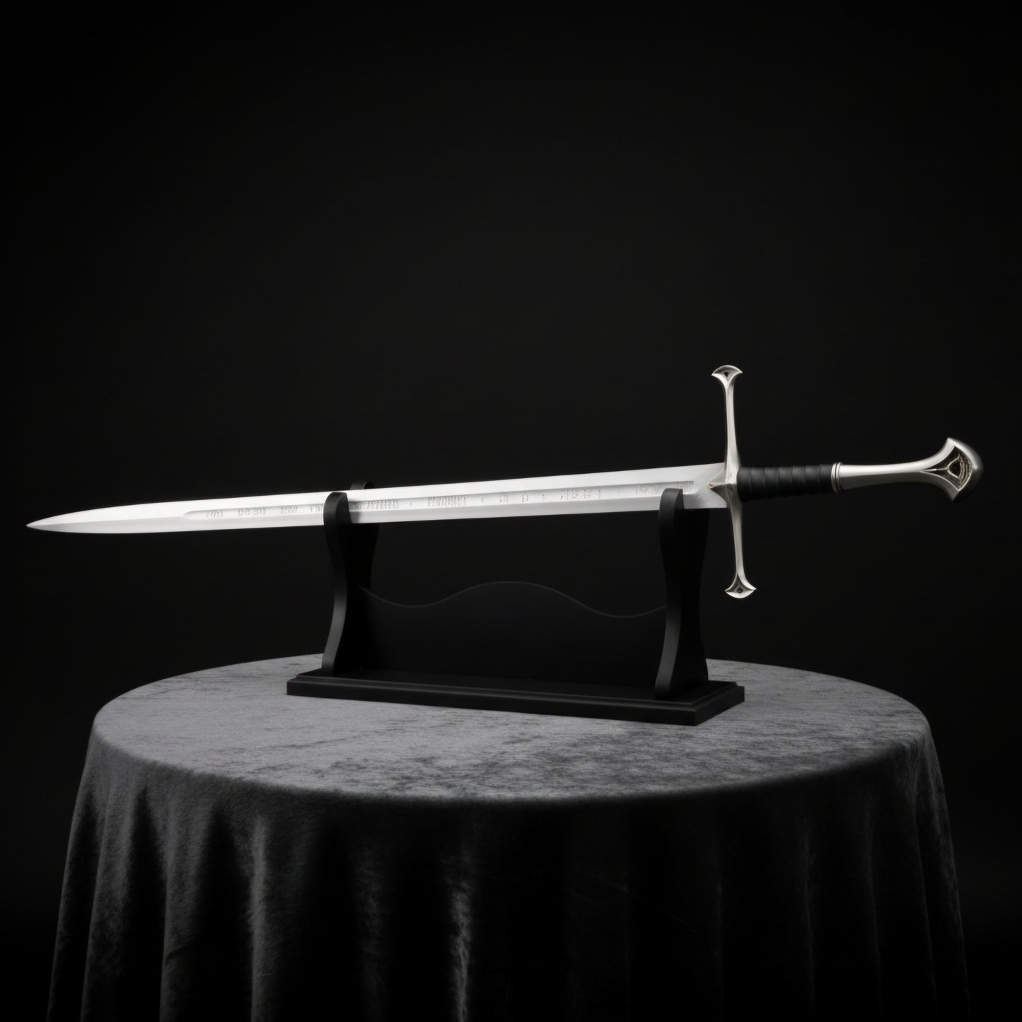 Full display setup of the Narsil Sword Replica from Lord of the Rings, featuring detailed hilt craftsmanship and elegant blade design.