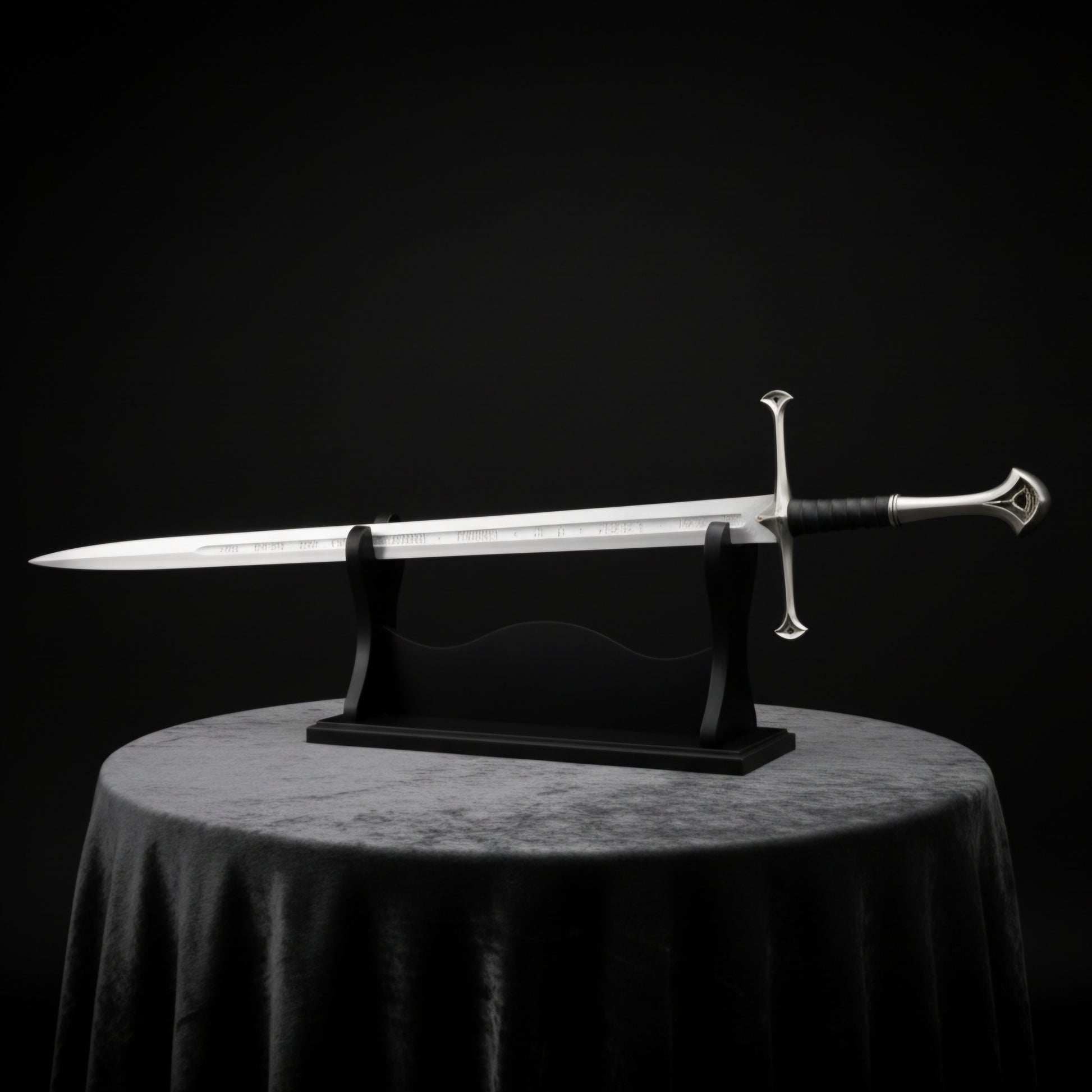 Full display setup of the Narsil Sword Replica from Lord of the Rings, featuring detailed hilt craftsmanship and elegant blade design.