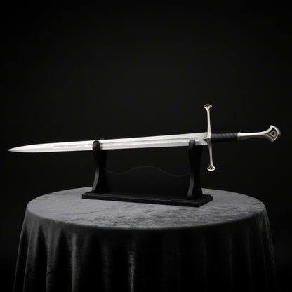 Full display setup of the Narsil Sword Replica from Lord of the Rings, featuring detailed hilt craftsmanship and elegant blade design.
